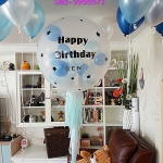 เสาลูกโป่งความสูง 2 เมตร พร้อมสติ๊กเกอร์ข้อความ ตกแต่งพู่และฐานลูกโป่ง