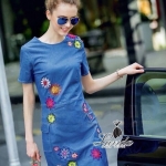 Korea Design By Lavida colorful flower embroidered short sleeve denim dress