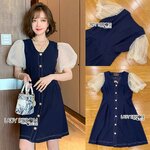 เดรสพอดีตัวสีน้ำเงินแขนพอง