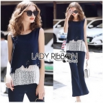 เซ็ตเสื้อแขนกุดตกแต่งระบายและกางเกงขาบานสีน้ำเงิน