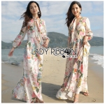 เดรสผ้าชีฟองสีขาวพิมพ์ลายดอกไม้สีสดใสสไตล์ซัมเมอร์