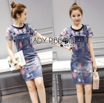 Lady Ribbon Online เสื้อผ้า Online LR08130616 🎀 Lady Ribbon's Made 🎀 Lady Michelle Arty Laser-Cut Floral T-Shirt and Painted Denim Overall Set