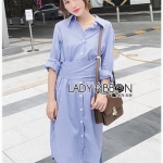 Grey Striped Lady Ribbon Shirt Dress