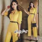 จั้มสูทโทนสีเหลืองสดใสดีเทลช่วงคอเก๋ๆมีสายริบบิ้น