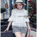 Lady Ribbon Chloe Cut-Out Top and Striped เสื้อคอตตอนแต่งลูกไม้