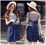 Lady Ribbon Online LR17230516 🎀 Lady Ribbon's Made 🎀 Lady Alexa Street Chic Striped T-Shirt with Denim Overall Dress เ