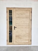 ประตูบ้านบานเปิดอลูมิเนียมลายไม้มูจิบานแม่ลูกพร้อมกระจกใส ไม่ผุ ไม่เป็นสนิม ปลวกไม่กิน ทนแดด ทนฝน สวยงาม