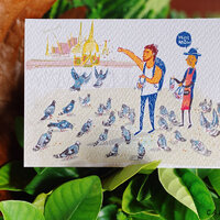 Nok Pirapp Sanam Luang postcard โปสการ์ด ลายให้อาหารนก 4x6 inch