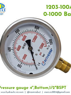 1203-100A Pressure Gauge เกจวัดแรงดันหน้าปัด 4" เกลียว 1/2" BSPT ออกข้าง RiTHERM