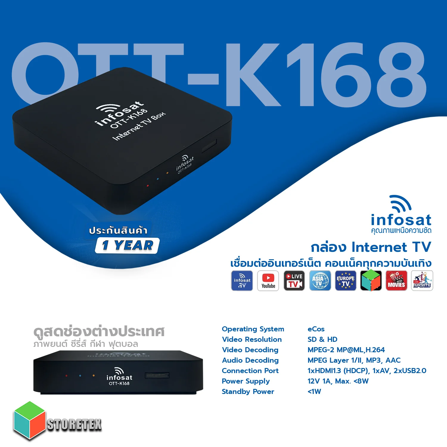 Infosat กล่องอินเตอร์เน็ตทีวี Internet TV รุ่น OTT-K168 ดูไลฟ์สด