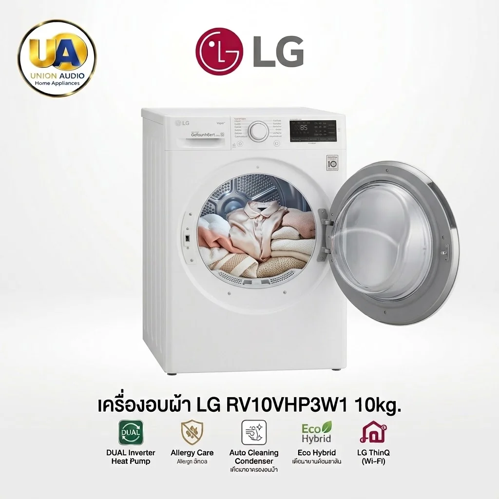 เครื่องอบผ้า LG 10 กก. รุ่น RV10VHP3W1 ฝาหน้า สีขาว ระบบ DUAL Inverter Heat Pump #rv10vhp3w1 #rv10