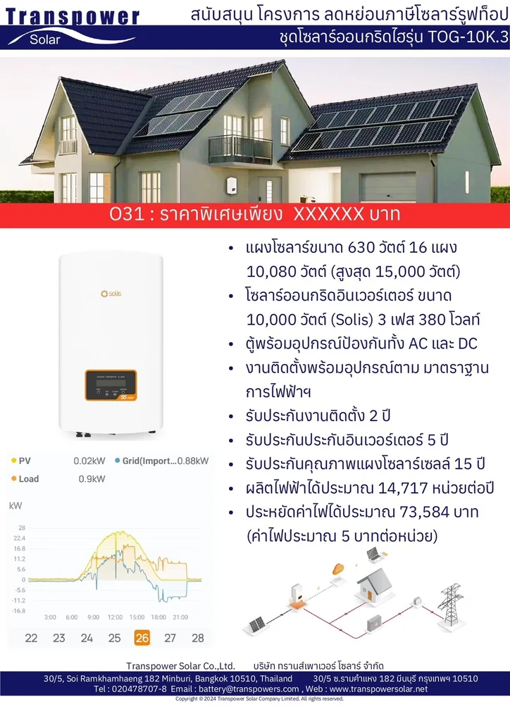 ทรานส์เพาเวอร์โซล่า Grid แผงโซล่าเซลล์ ชุดโซล่า ON GRID 450 วัตต์ 7 แผง บัตรเครดิตผ่อน 0% 10 เดือนๆละ 6,500 บาท ทรานส์เพาเวอร์โซล่า Grid แผงโซล่าเซลล์ ชุดโซล่า ON GRID 450 วัตต์ 7 แผง บัตรเครดิตผ่อน 0% 10 เดือนๆละ 6,500 บาท