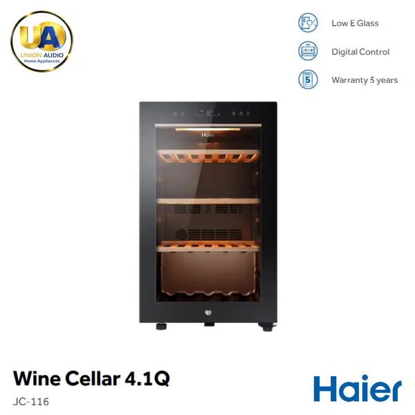 Haier ตู้แช่ไวน์ รุ่น JC-116 116 ลิตร (4.2 คิว) 49 ขวด สีดำ | กระจก Low-E 3 ชั้น ชั้นวางไม้บีช ไฮเออร์ image 1 Haier ตู้แช่ไวน์ รุ่น JC-116 116 ลิตร (4.2 คิว) 49 ขวด สีดำ | กระจก Low-E 3 ชั้น ชั้นวางไม้บีช ไฮเออร์ image 1
